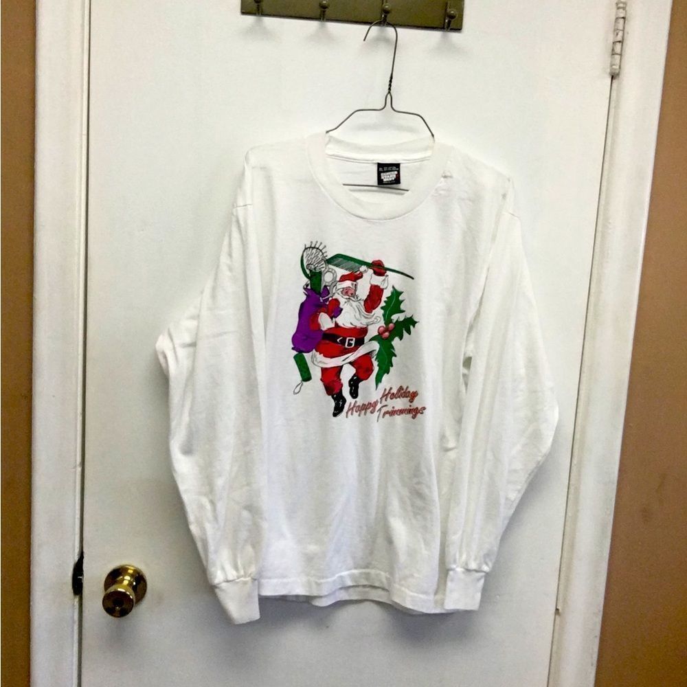Vintage Screen Stars Happy Holiday Trimmings Santa Clause Long-sleeve White XL